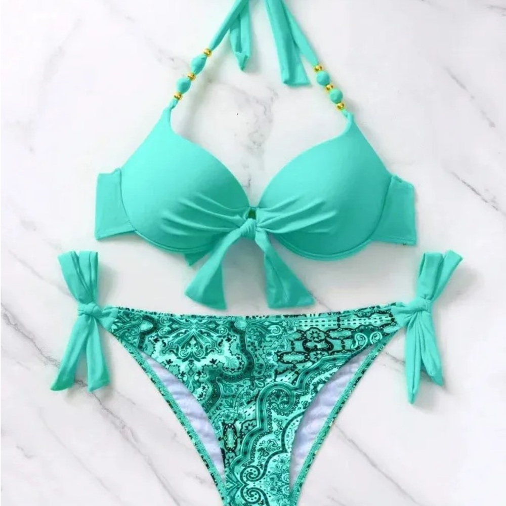 Turquoise Bikini Set with Paisley Design